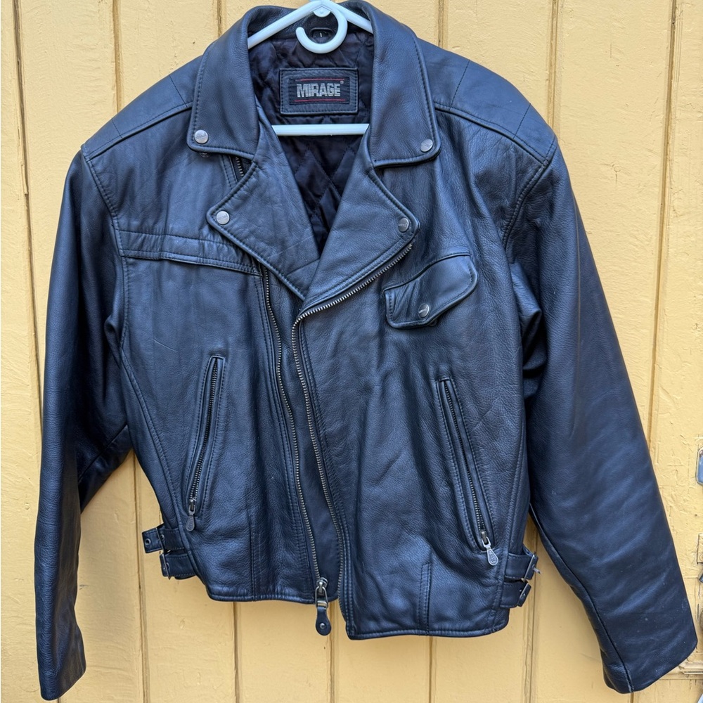Classic Black Leather Biker Jacket with Notched Lapel and Vintage Finish